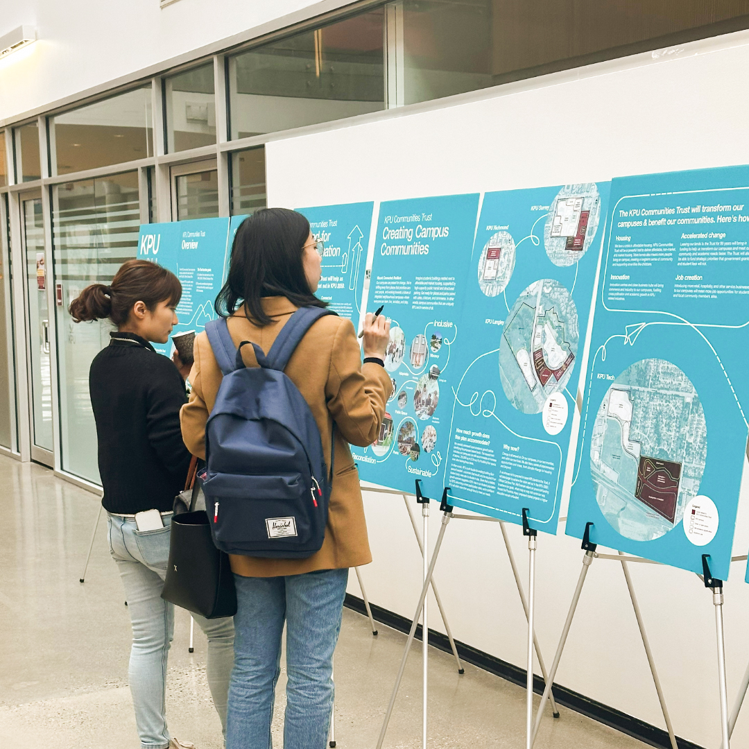 two people reading a line up on boards on easels 